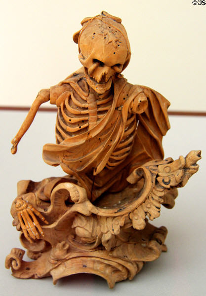 Symbolic Skeletal Representation of Death linden wood carving (mid 18thC) set of Four Last Things from southern Germany at Bode Museum. Berlin, Germany.