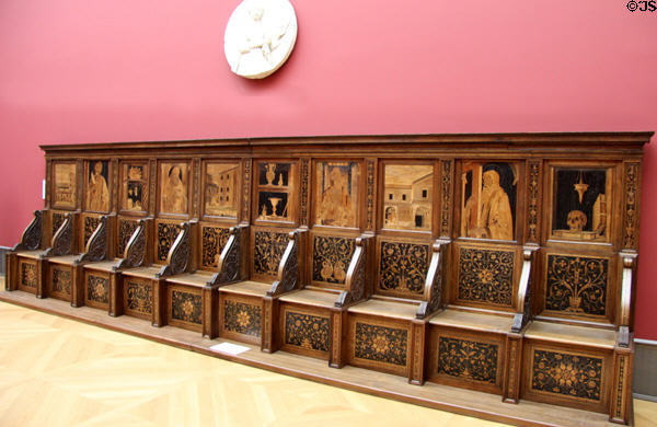 Inlaid wooden choir stalls (c1500) from Pavia at Bode Museum. Berlin, Germany.