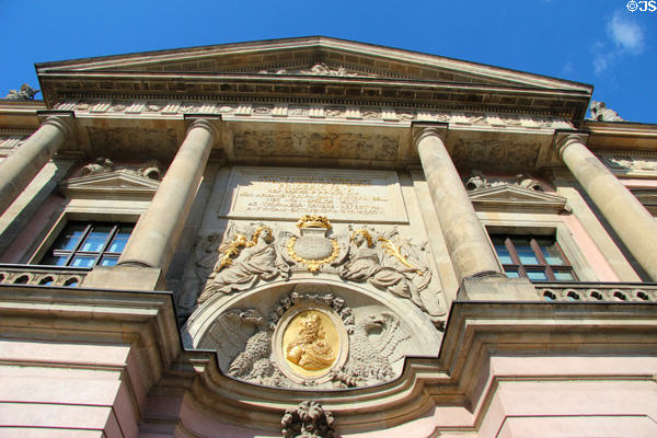 Gilded plaque to Frederick I over portico of German Historical Museum (former armory). Berlin, Germany.