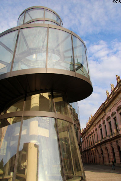 I.M. Pei's glass enclosed spiral staircase for German Historical Museum addition. Berlin, Germany.