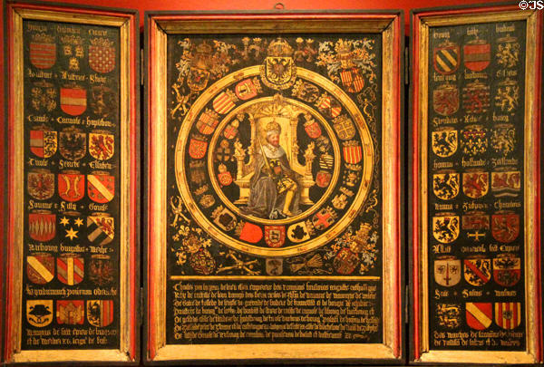 Heraldry shields of possessions of Holy Roman Emperor Charles V painting (early 16thC) from Spain at German Historical Museum. Berlin, Germany.