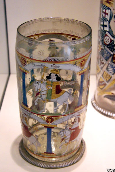 Painted glass tankard showing German Electors on horseback (1662) from Bohemia or Germany at German Historical Museum. Berlin, Germany.