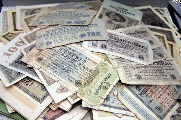 Inflation era German banknotes (1923) which people were said to transport in wheelbarrows at German Historical Museum. Berlin, Germany.