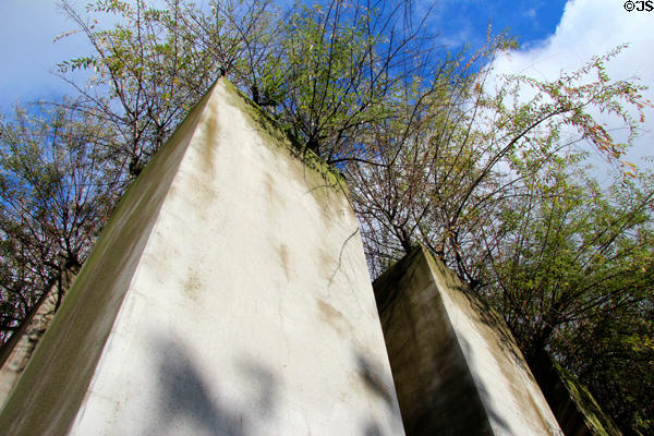 Garden of Exile consists of square column planters growing olive willows on a slanted floor at Jewish Museum Berlin. Berlin, Germany.