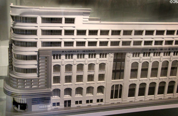 Model of Mosse publishing house in Berlin with Art Moderne extension (1921-3) by Erich Mendelsohn at Jewish Museum Berlin. Berlin, Germany.
