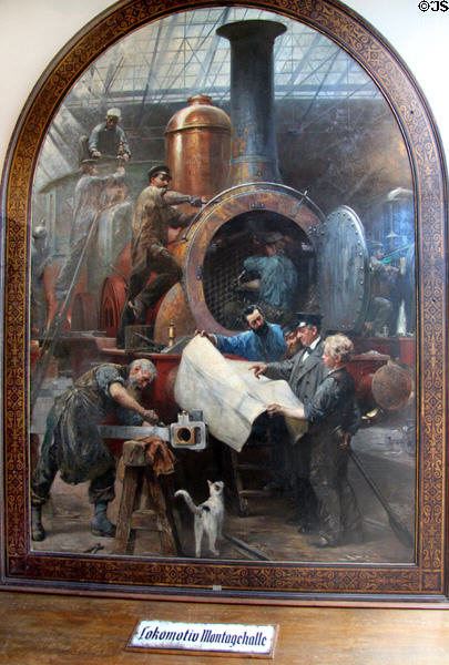 Steam locomotive factory painting (1875) by Paul Friedrich Meyerheim at German Museum of Technology. Berlin, Germany.