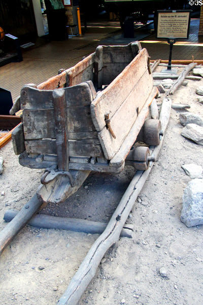 Goldmine wooden railway track & wagon (16thC) from Hungary at German Museum of Technology. Berlin, Germany.
