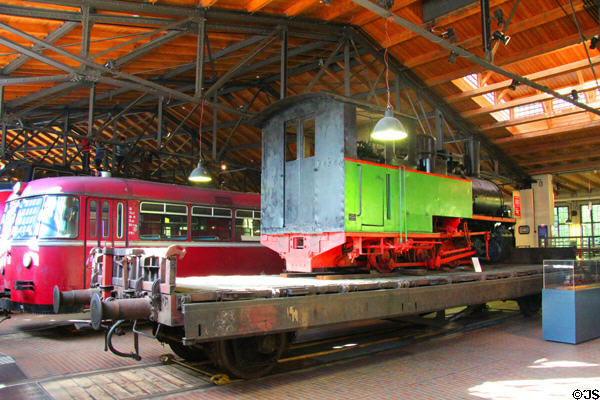 Army field railway locomotive (1944) loaded on platform car for shipment to front at German Museum of Technology. Berlin, Germany.