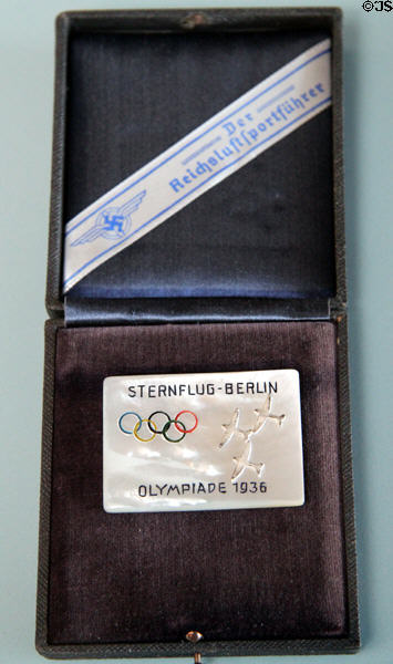Glider flying event plaque from 1936 Olympics with Nazi air sports ribbon at German Museum of Technology. Berlin, Germany.