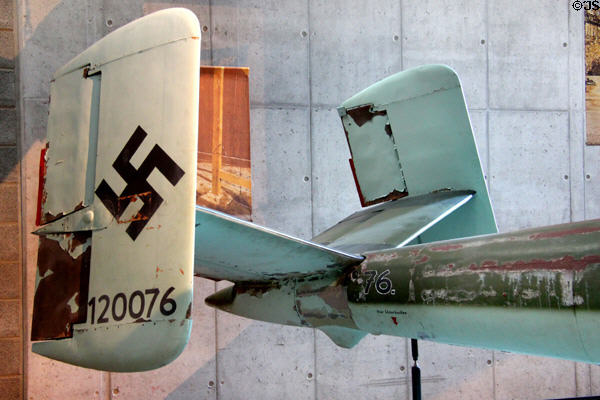 Tail of Heinkel He162 (1945) jet fighter from USSR at German Museum of Technology. Berlin, Germany.