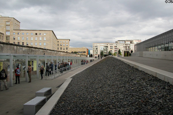 Glassed over outdoor displays & glass museum building at Topography of Terror. Berlin, Germany.