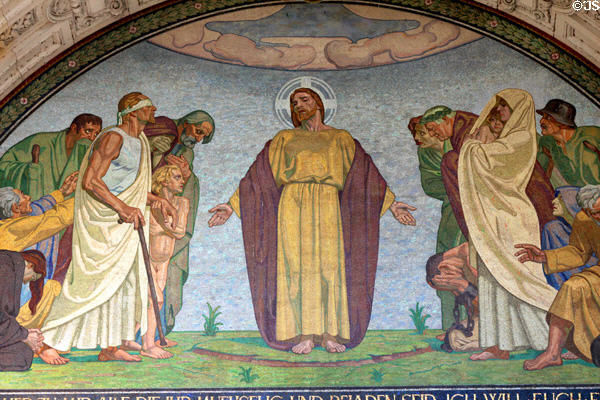 Mosaic of Christ calling people unto the church over entrance of Berlin Cathedral. Berlin, Germany.