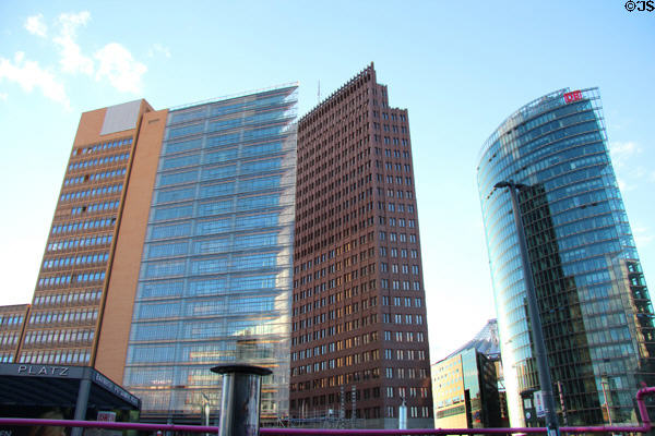 Piano Hochhaus (1999), Kollhoff Tower (1999) & Bahn Tower (2000) around Potsdamer Platz. Berlin, Germany.