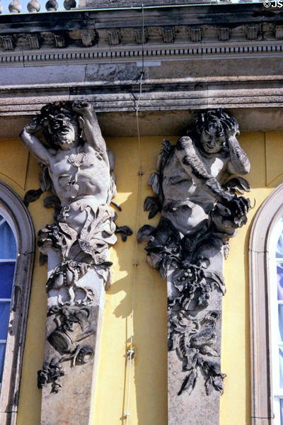 Bacchants figure companions of wine god Bacchus by Friedrich Christian Glume on Sanssouci Palace (1747) at Sanssouci Park. Potsdam, Germany.