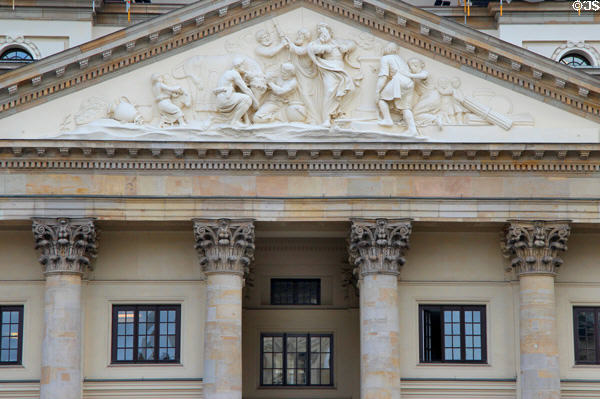 Sculpted pediment of German Cathedral on Gendarmenmarkt. Berlin, Germany.