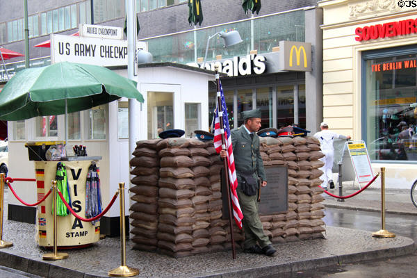 Checkpoint Charlie now manned by actor instead of U.S. soldier. Berlin, Germany.