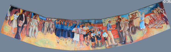 Panorama representation of "Building the Republic" mural by Max Lingner at Detlev Rohwedder. Berlin, Germany.