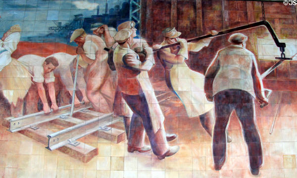 Section Building the Republic socialist mural (1952) by Max Lingner at Detlev Rohwedder. Berlin, Germany.
