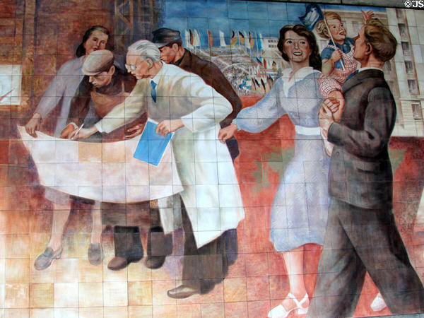 Section Building the Republic socialist mural (1952) by Max Lingner at Detlev Rohwedder. Berlin, Germany.