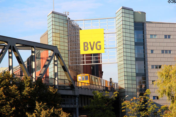 Berlin subway train passes through BVG building. Berlin, Germany.