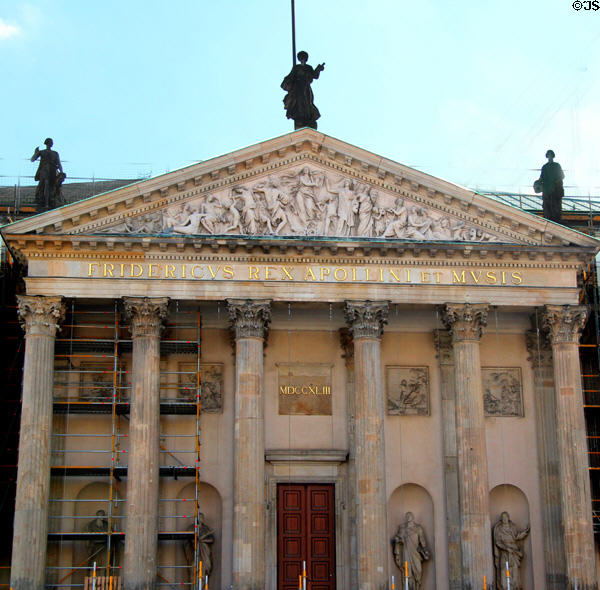 Berlin state opera house (reconstructed after WWII) with frieze of performing arts on Unter den Linden. Berlin, Germany.