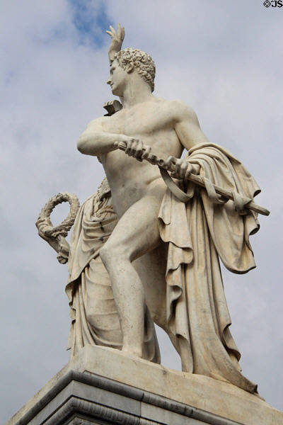 Athena Leads Young Warrior into Fight sculpture (1853) by Albert Wolff atop Schloss bridge. Berlin, Germany.