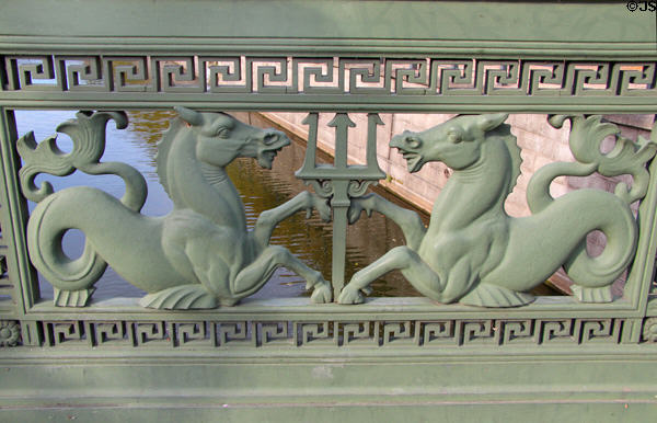 Cast iron railing in form of two seahorses with trident on Schloss bridge. Berlin, Germany.