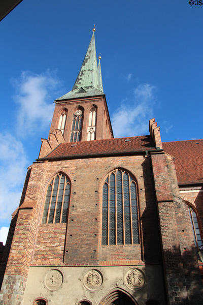 Gothic revival brick facade of St Nicholas' Church. Berlin, Germany.