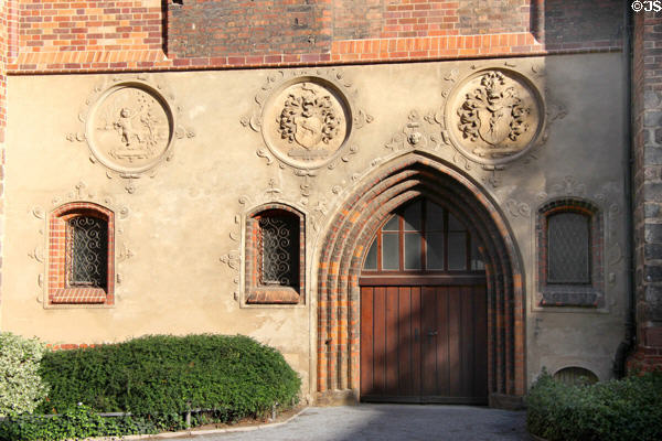 Ground level carving decorations at St Nicholas' Church. Berlin, Germany.