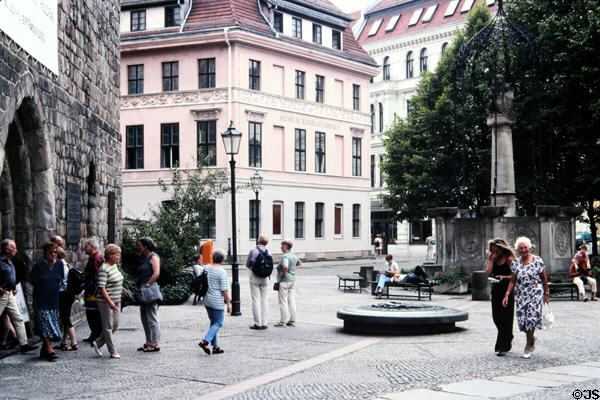Nikolai verteil district scene with pink Museum Knoblauchhaus in center. Berlin, Germany.