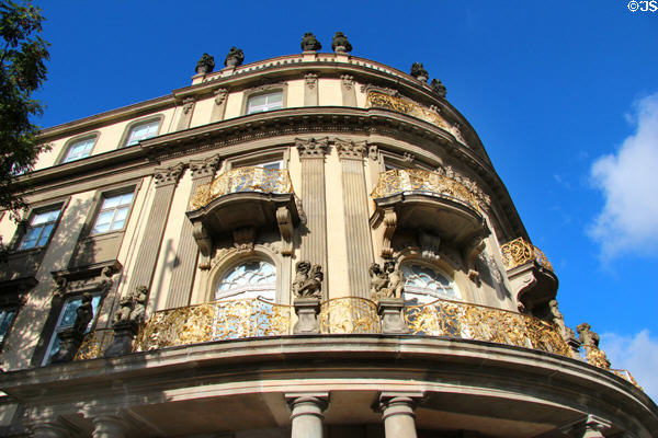 Building with gold balcony railings in Nikolaiverteil. Berlin, Germany.