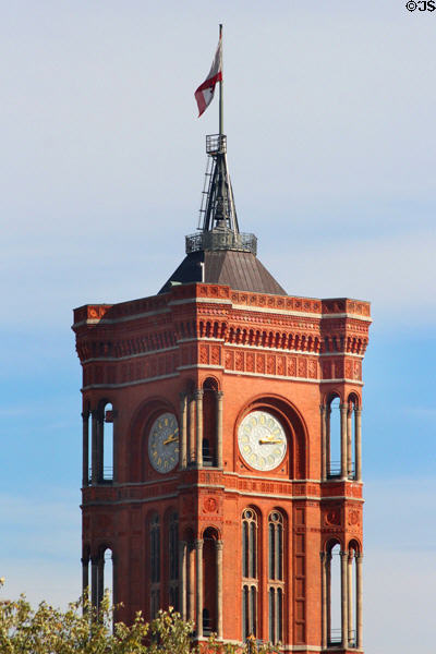 Details of spire & clock tower of Rotes Rathaus. Berlin, Germany.