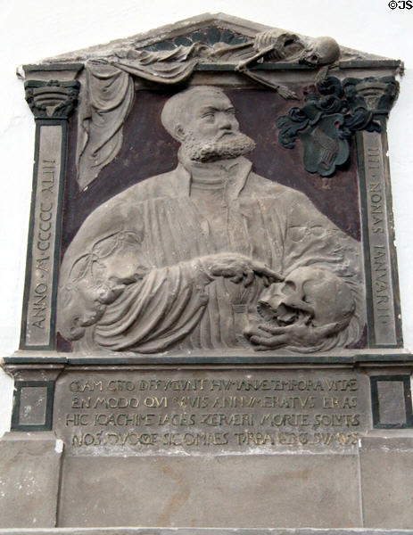 Tomb (1543) with deceased pointing to skull at St Mary's Church. Berlin, Germany.