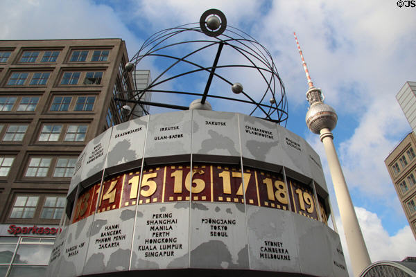 World Time Clock (1960s) & TV Tower on Alexanderplatz. Berlin, Germany.
