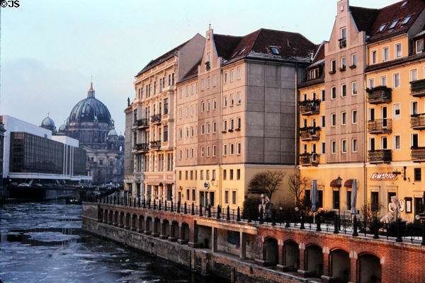 Nikolai verteil neighborhood over canal with Cathedral beyond. Berlin, Germany.