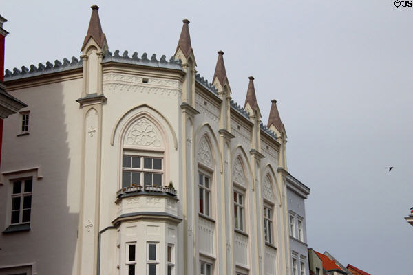Detail of building beside town hall on market square. Greifswald, Germany.