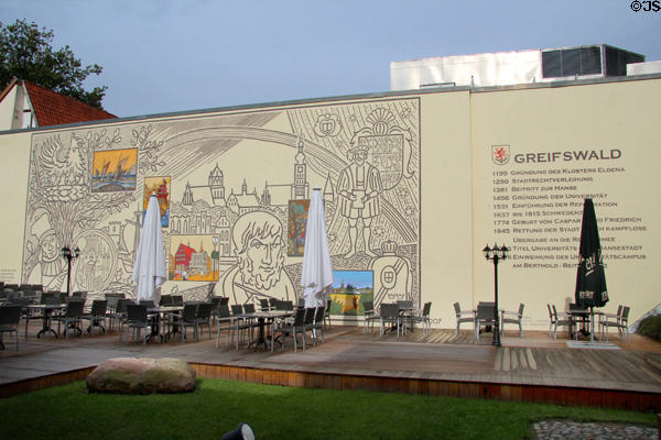 Greifswald history mural of this Hanseatic league town dating back to 1199. Greifswald, Germany.