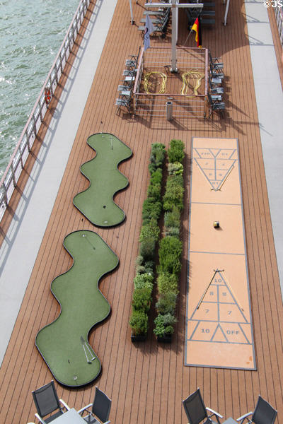 Recreational area on deck of Rhine River tour boat seen from Hohenzollern Bridge. Köln, Germany.