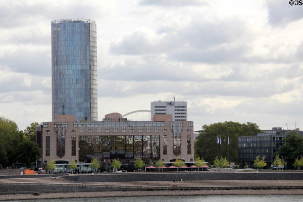 Modern buildings on shoreline along Rhine River. Köln, Germany.