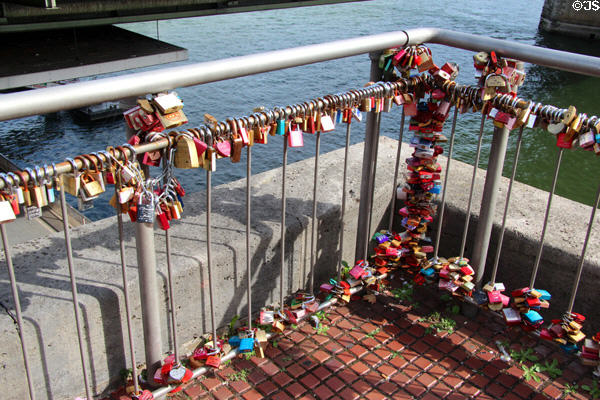 Love locks stacked on fencing at Hohenzollern Bridge. Köln, Germany.