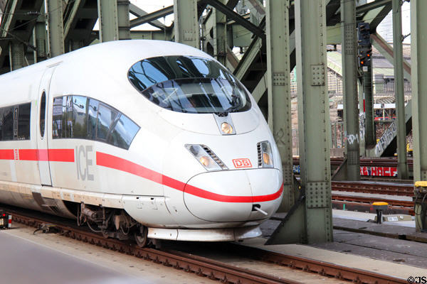 DB Intercity Express Train (ICE) on Hohenzollern Bridge. Köln, Germany.