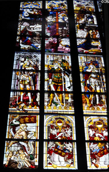 Stained glass window showing Germanic knights in Köln Cathedral. Köln, Germany.