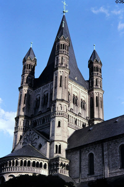 Tower & turrets of Great St Martin Church. Köln, Germany. Architect: Christoph Wamser.