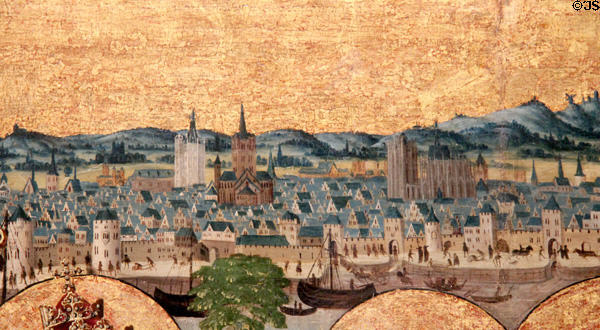 Medieval Köln in background of painting of saints (c1480) by Meister der Verherrlichung Mariae at Wallraf-Richartz Museum. Köln, Germany.