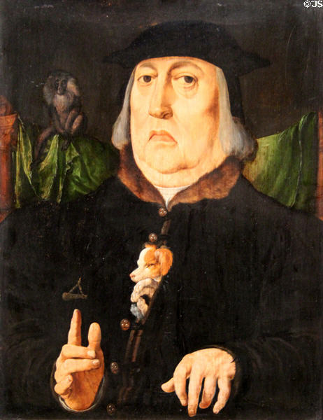 Portrait of a Man (16thC) with monkey & tiny dog at Wallraf-Richartz Museum. Köln, Germany.