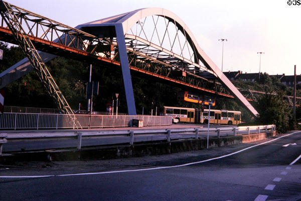 Hanging monorail meets transfer to city buses. Wupperthal, Germany.