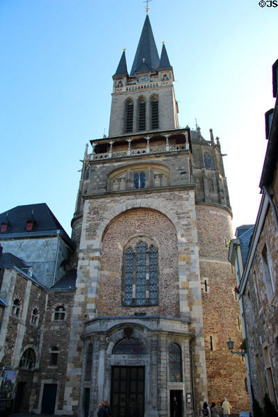 Aachen Cathedral (c800) with additions over next few centuries. Aachen, Germany. Style: Carolingian-Romanesque, Gothic, Ottonian. Architect: Odo of Metz.