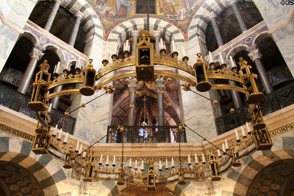 Octagonal shaped, gilded copper Barbarossa Chandelier (c1170) in Palatine Chapel at Aachen Cathedral. Aachen, Germany.