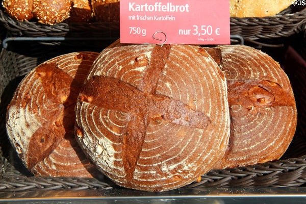 Potato bread in bakery window. Aachen, Germany.