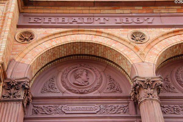 Relief portrait on original red brick building at Hamburg Fine Arts Museum. Hamburg, Germany.
